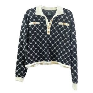 Ell And Emm Monogram Knit Sweater M Black Ivory Collared Quarter Button Soft